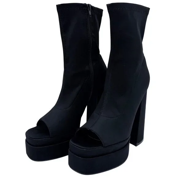 NIB Black Platform Open Toe Chunky Heel Lug Sole Casual Sexy Ankle Boots 10 - Picture 2 of 16